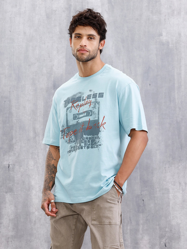 Timeless Casette Graphic Printed Oversized Fit Tshirt | Light Blue