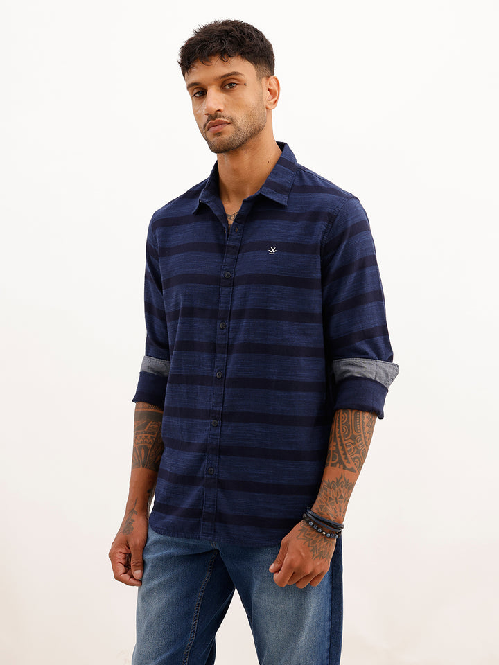 Regular Fit Full Sleeve Striped Shirt | Navy Blue