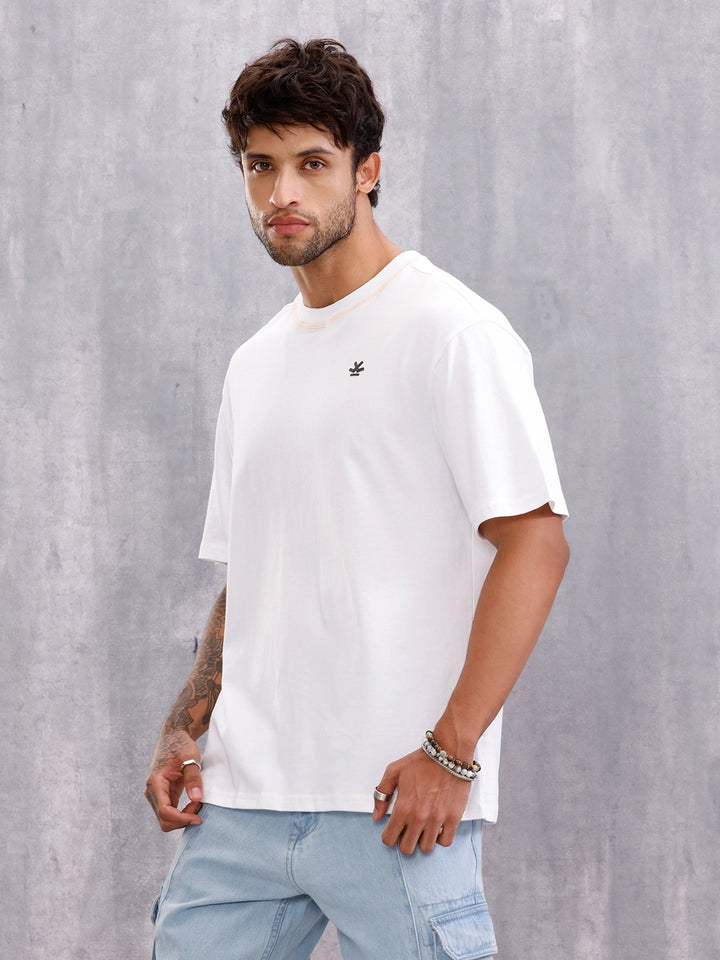 Flat Lock Stitch Detail Oversized Fit T-shirt With Hd Printed Logo | White