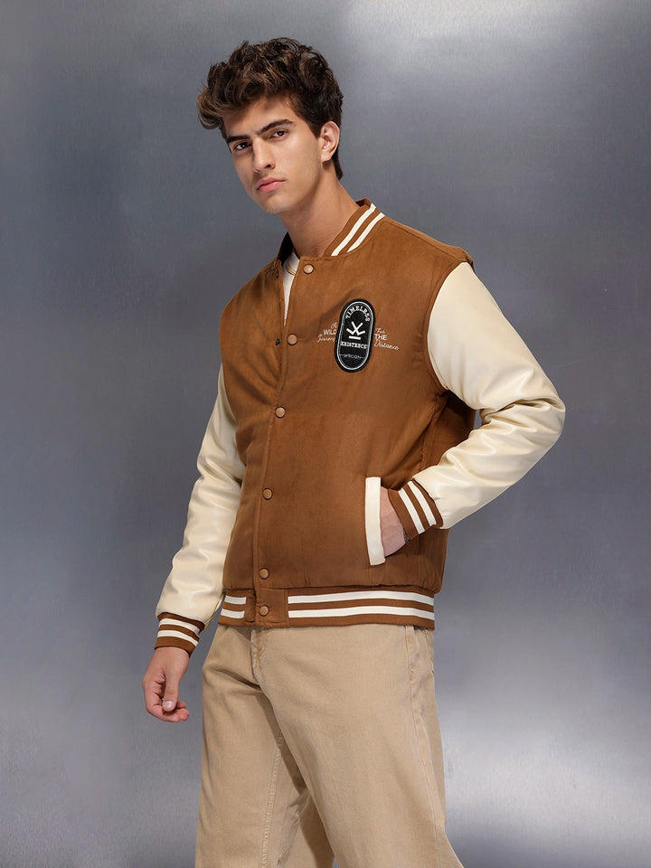 Men’s Retro Tan Suede-Look Varsity Jacket | Brown