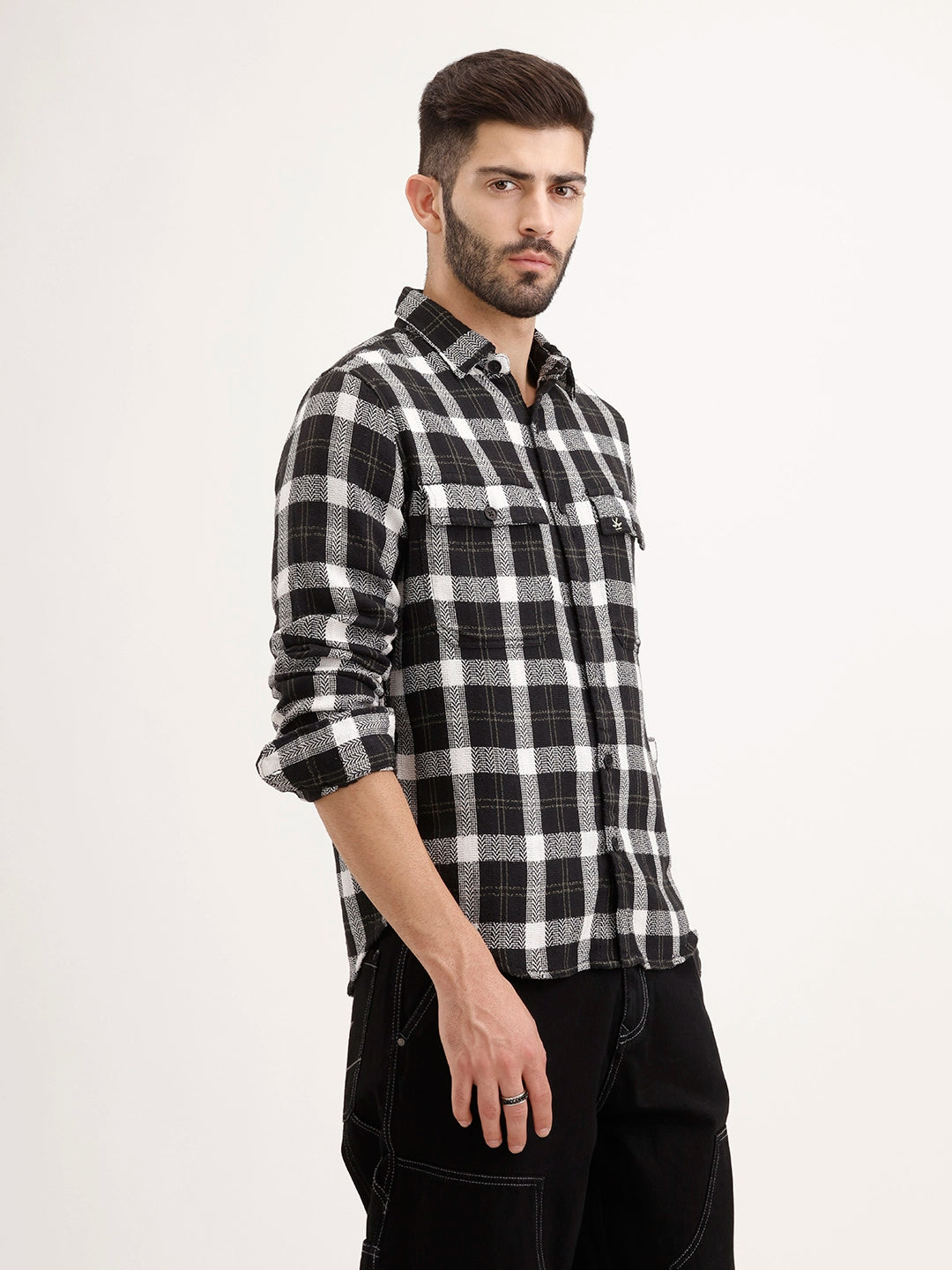 Regular Fit Herringbone Checkered Shirt | Black