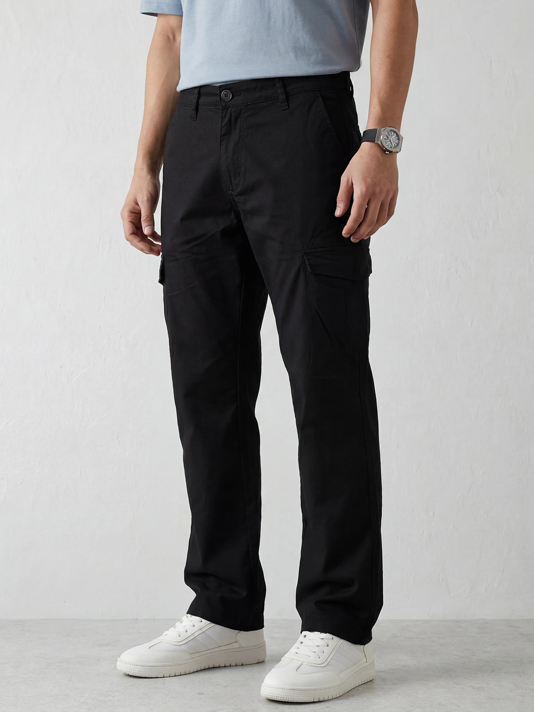 Straight Fit Solid Cargo Trouser | Black