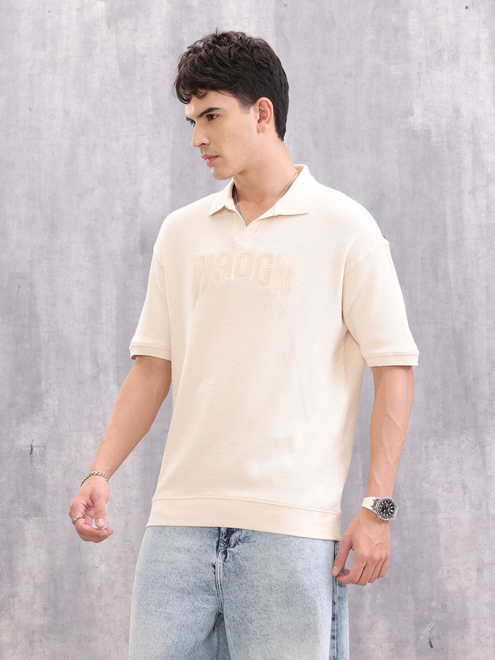 Textured Tonal Embroidered Oversized Fit Jhonny Collar T-Shirt | Beige