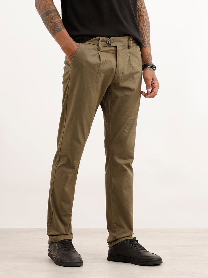 Solid Slim Fit Pleated Trouser | Olive