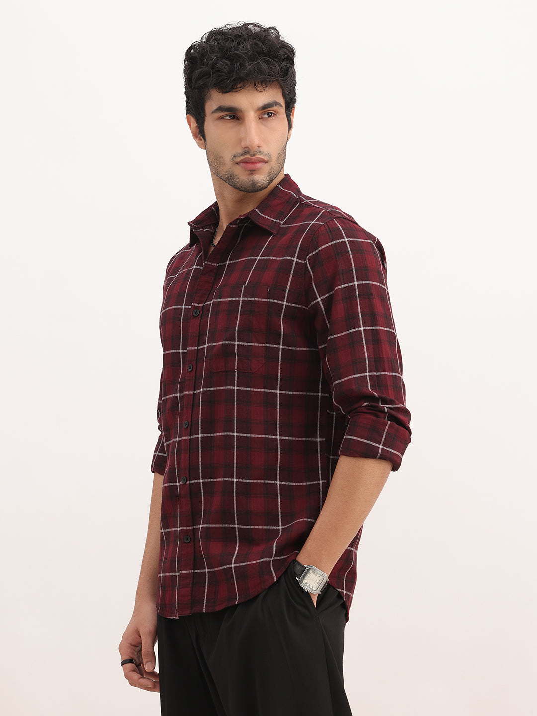 Slim Fit Checkered Full Sleeve Shirt | Maroon
