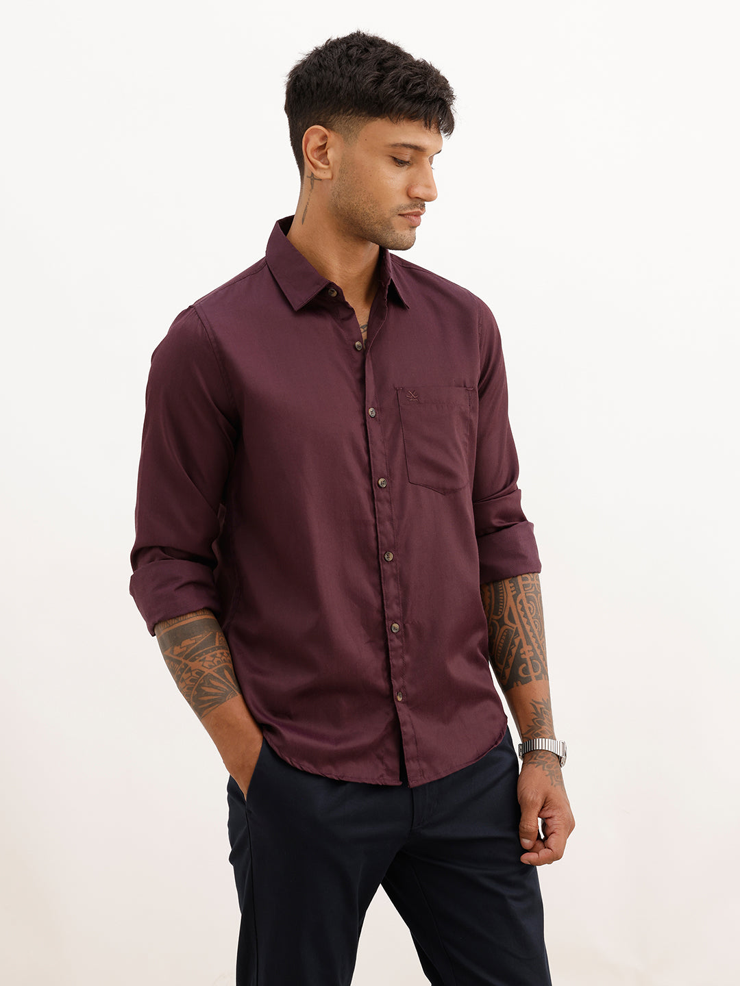 Regular Fit Textured Full Sleeve Shirt | Wine | WWSH9186F