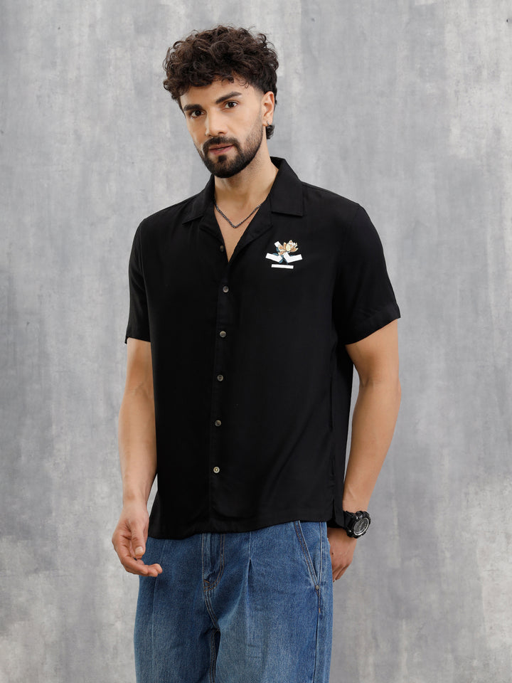 Fluid Resort Collar Shirt With Surreal Back Print | Black