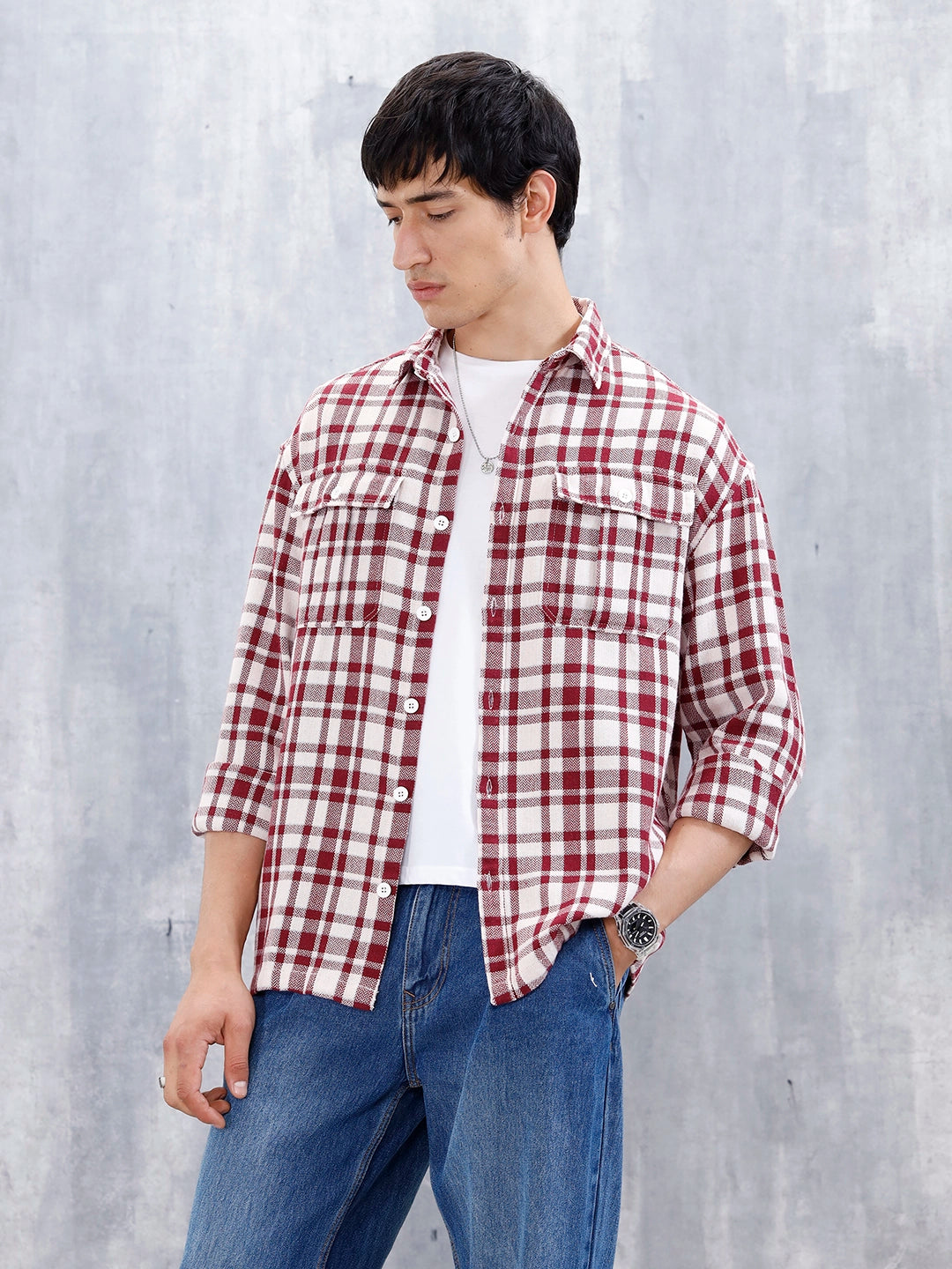 Wrogn Men's Oversized Double Pocket Checks Shirt | Red