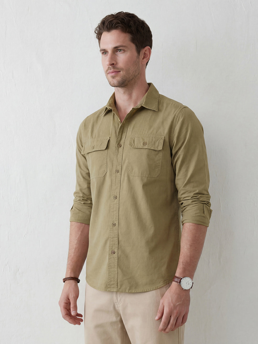 Men's casual double pocket slim fit shirt | Khaki