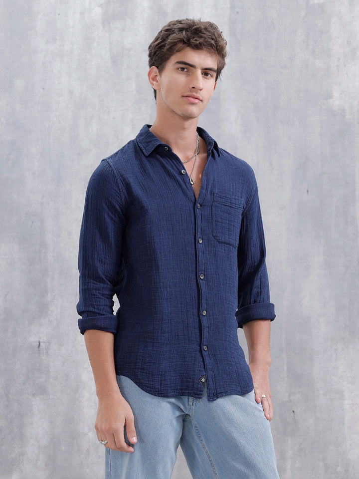Indigo Double Cloth Slim Fit Shirt In Dark Wash | Dark Blue