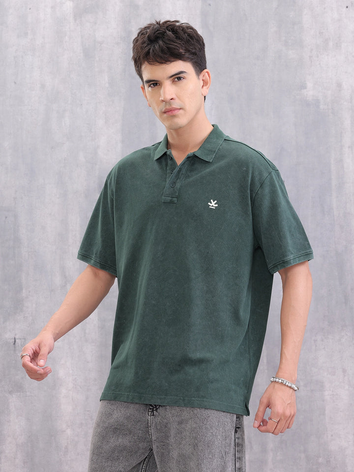 Washed Oversized Fit Back Printed Polo Collar T-shirt | Dark Green