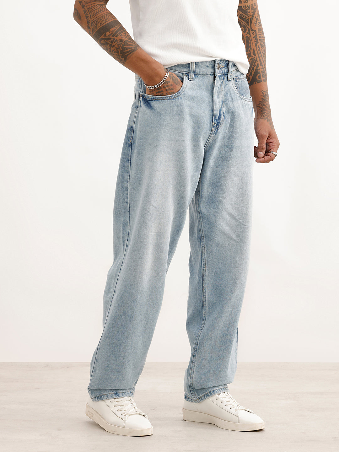 Loose Fit Faded Denim Jeans | Light Blue