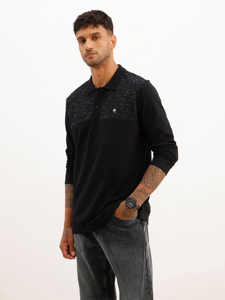 Classic Cut & Sew Full Sleeve Polo T-Shirt | Black