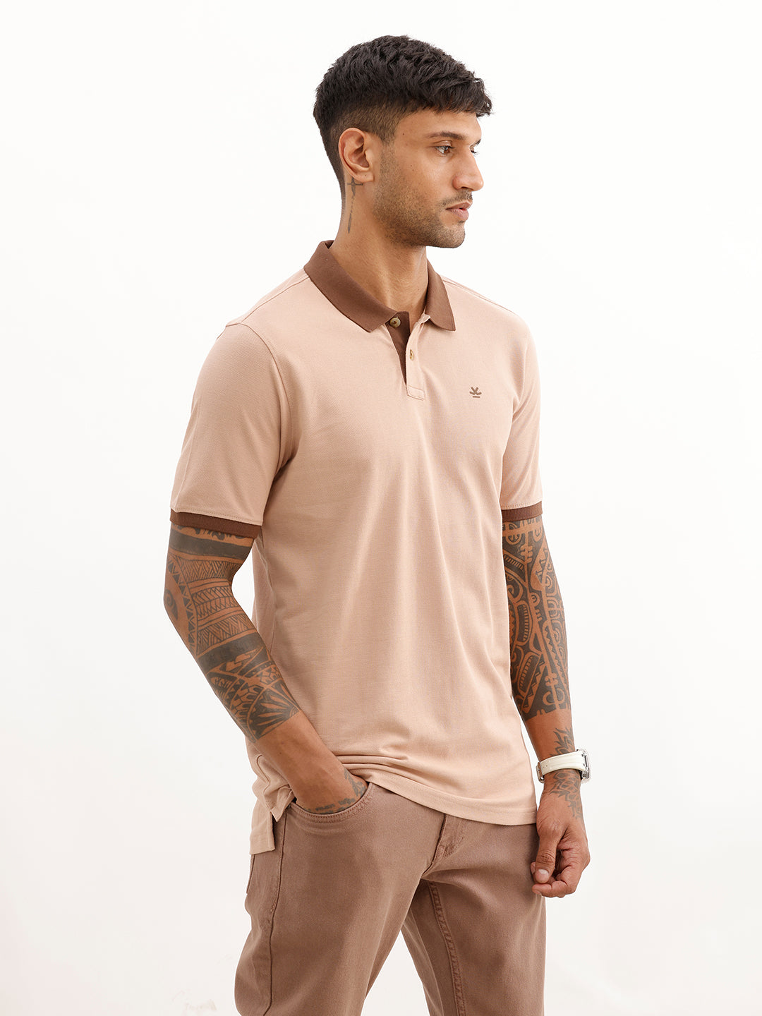 Slim Fit Contrast Collar Polo T-Shirt | Light Brown