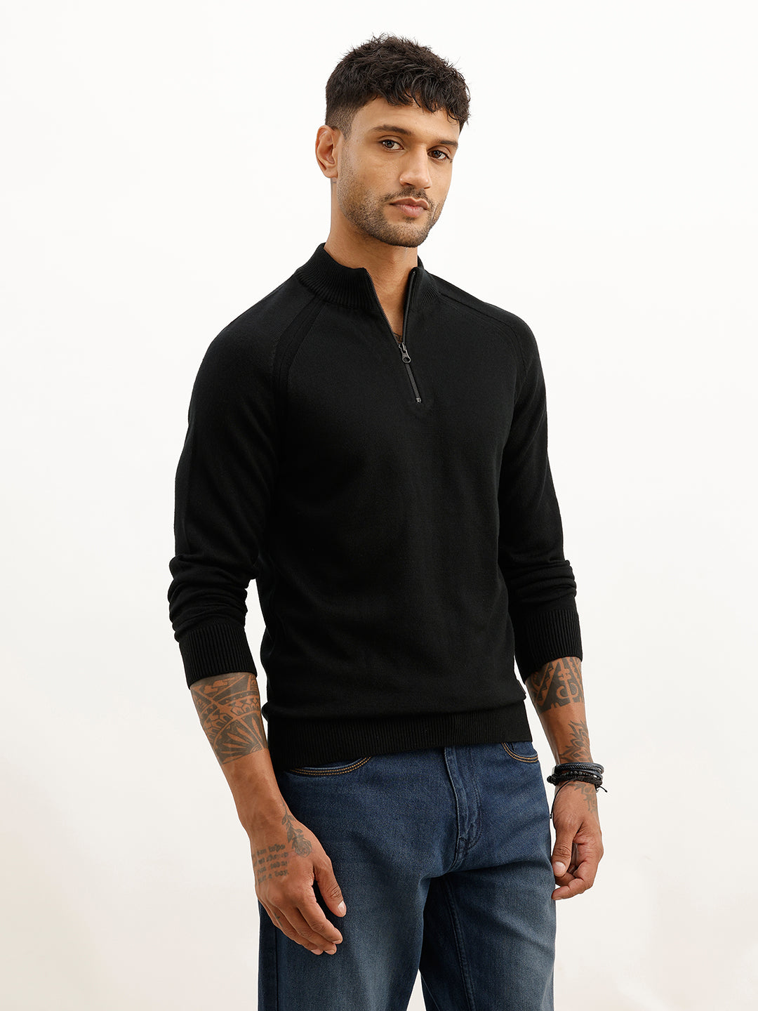 Solid Turtle Neck Semi-Zipper Sweatshirt | Black