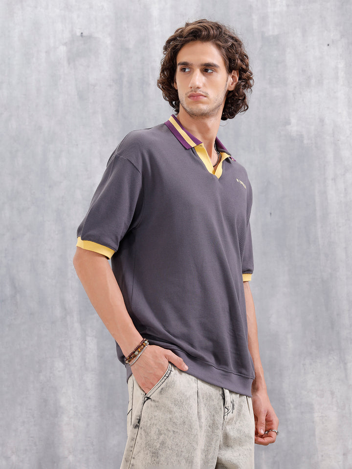 Oversized Johnny Collar Polo T-Shirt With Contrast Collar | Dark Grey