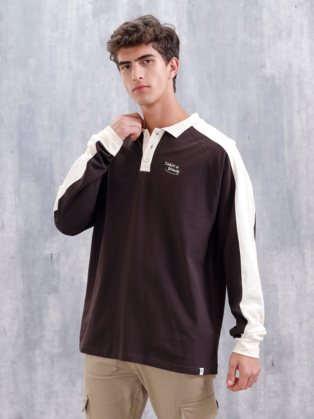 Oversized Fit Full Sleeve Sporty Polo T-Shirt | Dark Brown