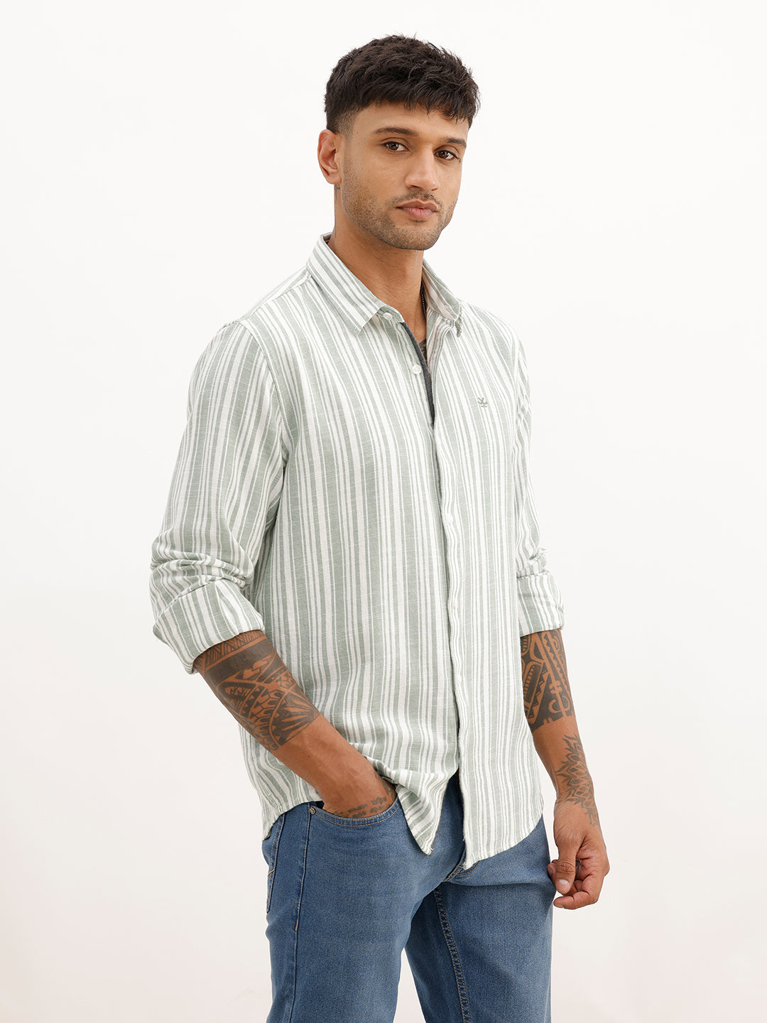 Slim Fit Striped Full Sleeve Shirt | Light Green | WSH02FSSL0224S