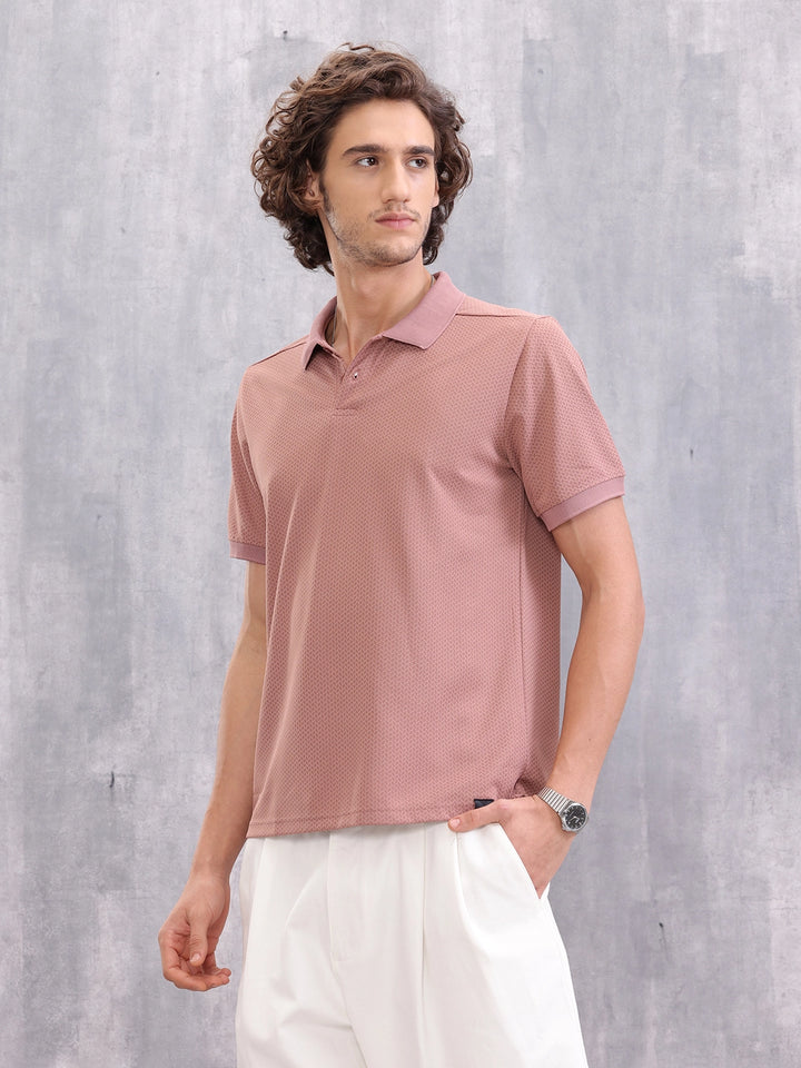 Solid Textured Slim Fit Polo T-Shirt | Pink