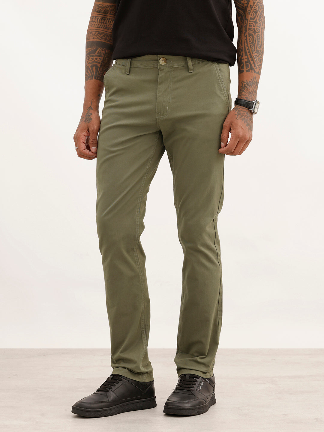 Solid Slim Fit Cotton Trouser | Olive