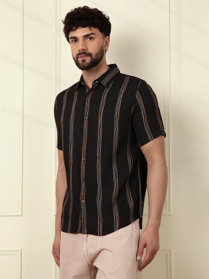 Striped Viscose Shirt | Black