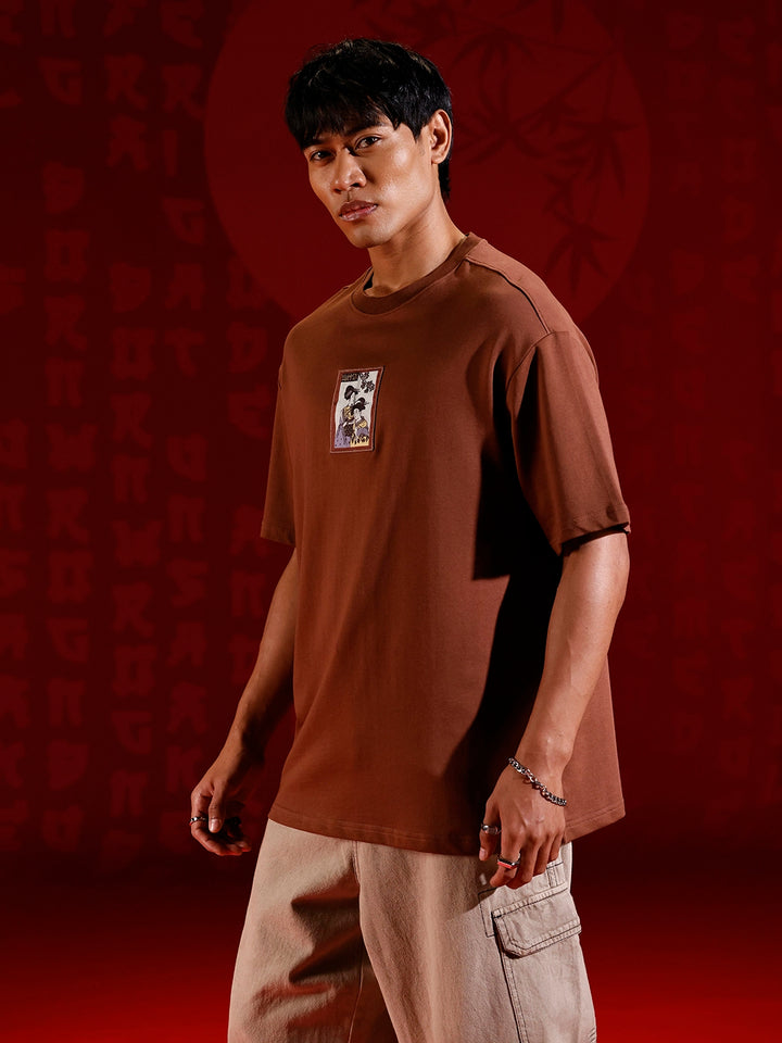 Men's Oversized Tee with Illustrated Patch Detail | Brown