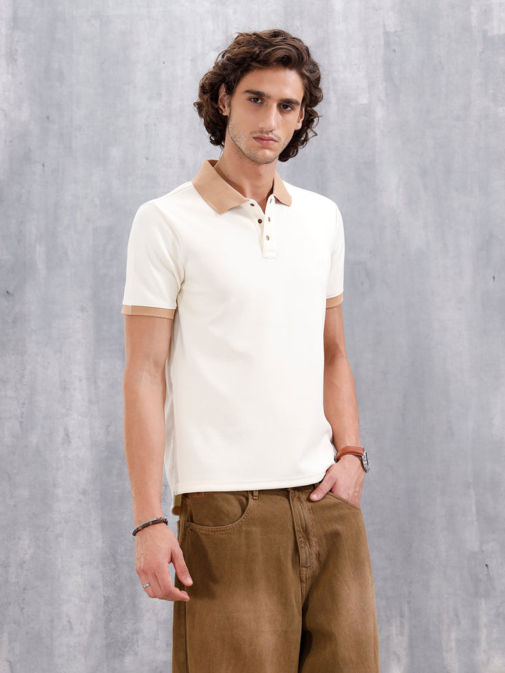 Men Slim Fit Polo Collar T-Shirt With Contrast Collar | Off White