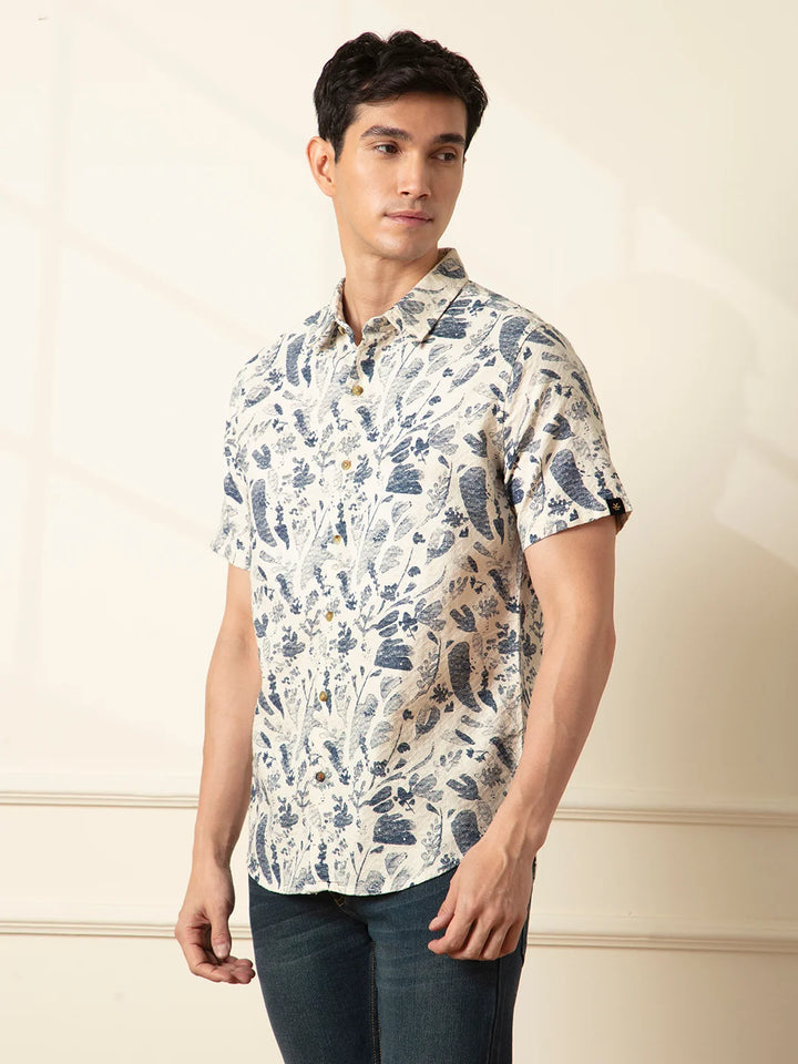 Textured Cotton Dobby AOP shirt | Navy Blue