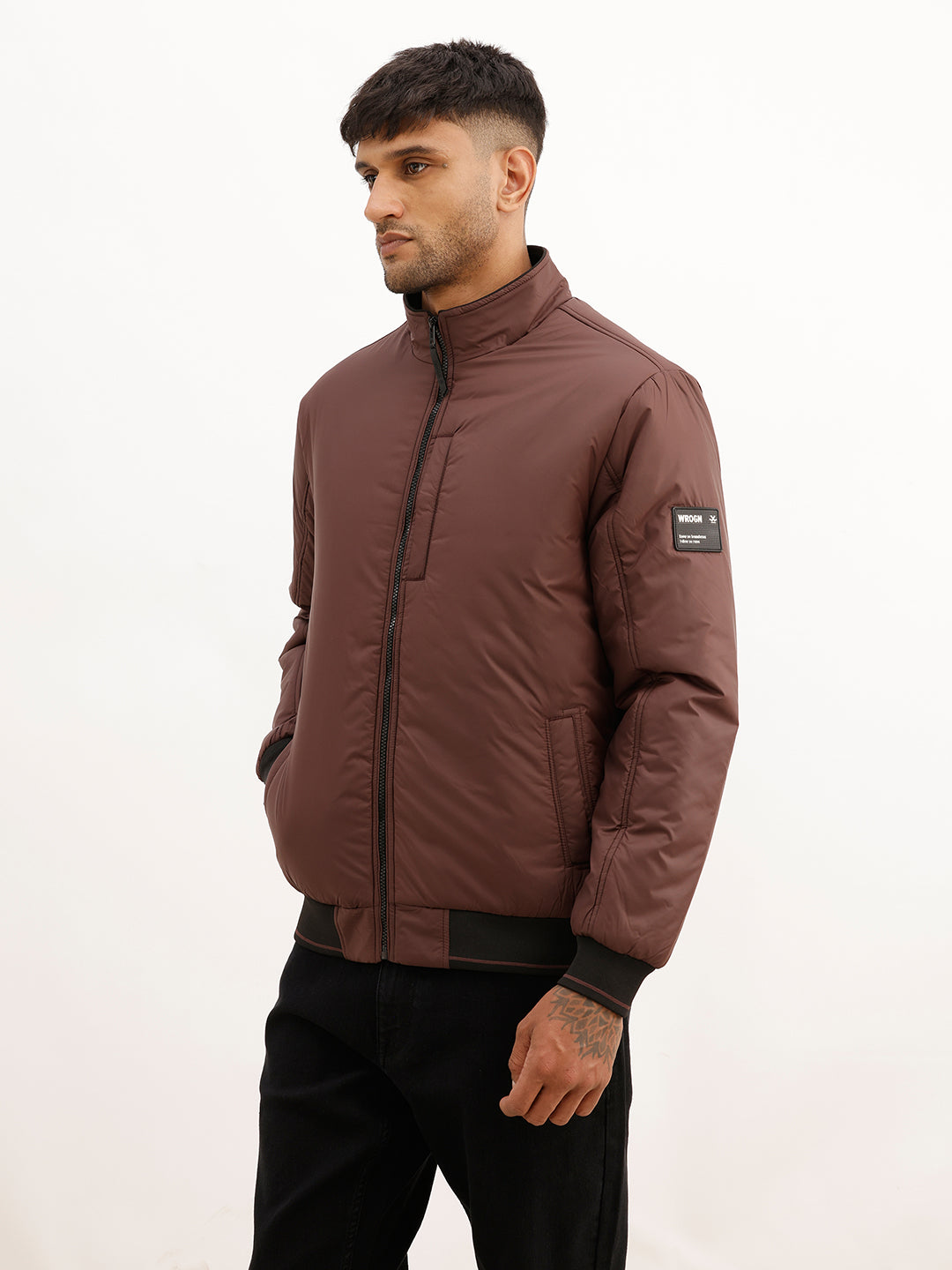 Solid Regular Fit Puffer Jacket | Brown
