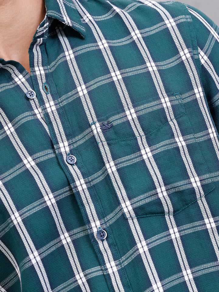 Textured Cotton Dobby Check Shirt  | Green