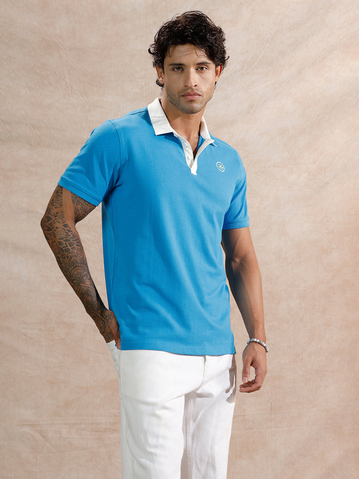 Contrast Collar Slim Fit Polo T-Shirt | Blue