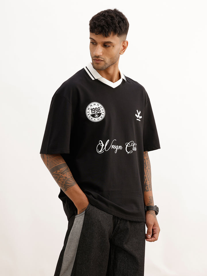 Oversized Placement Printed Polo T-Shirt | Black