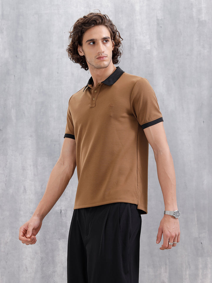 Men Slim Fit Polo Collar T-Shirt With Contrast Collar | Brown
