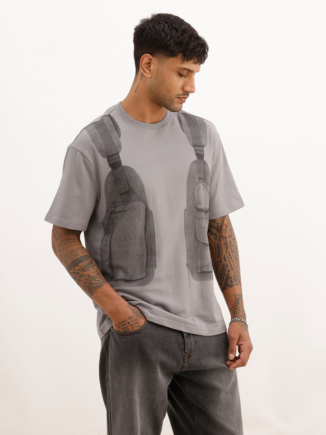Oversized Placement Printed T-Shirt | Grey
