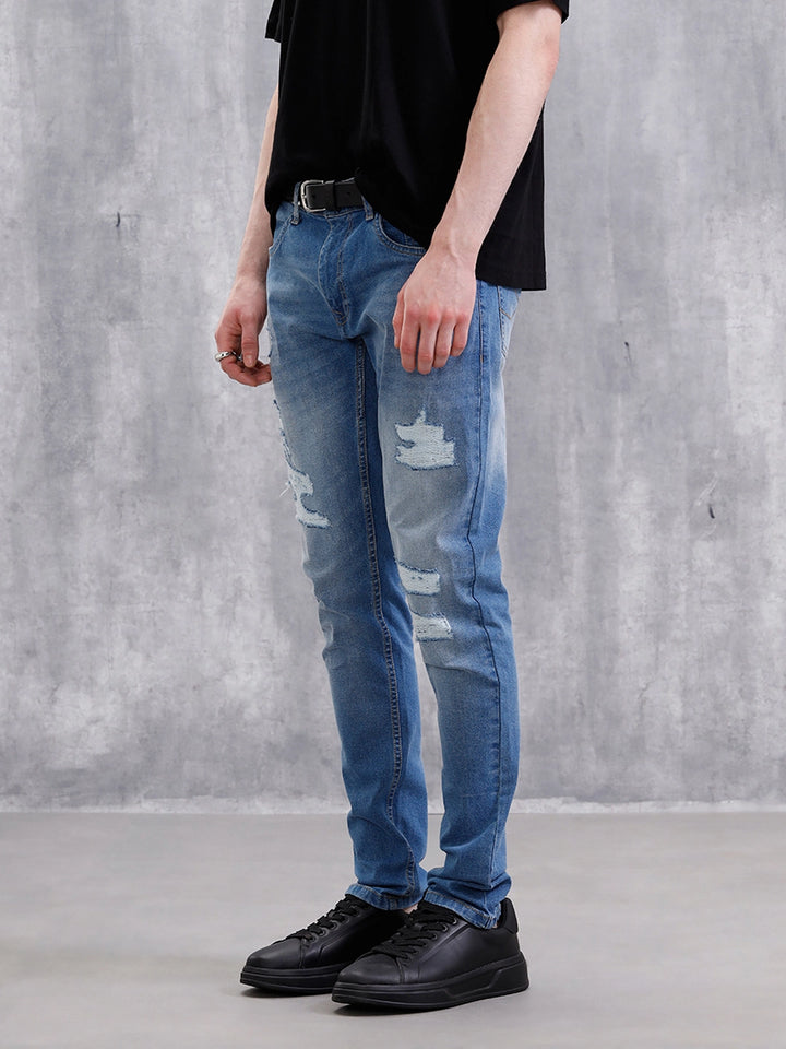 Heavy Distress Slim Tapered Jeans | Blue
