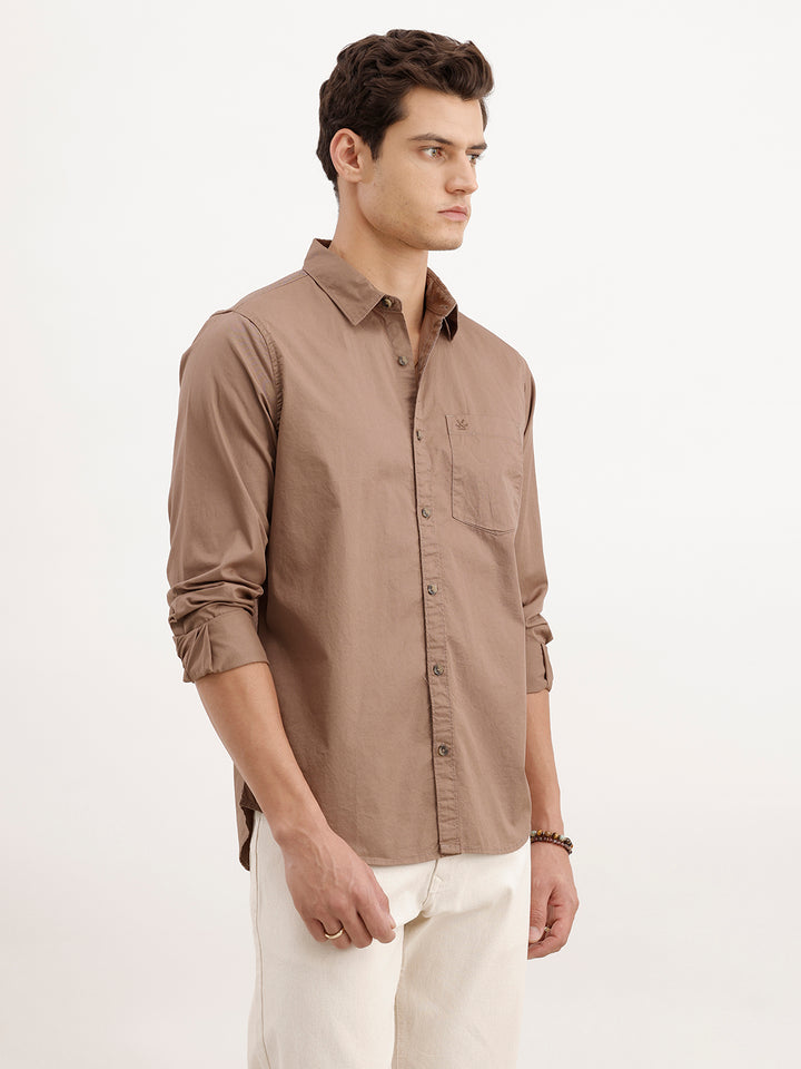 Regular Fit 100% Cotton Solid Shirt | Khaki