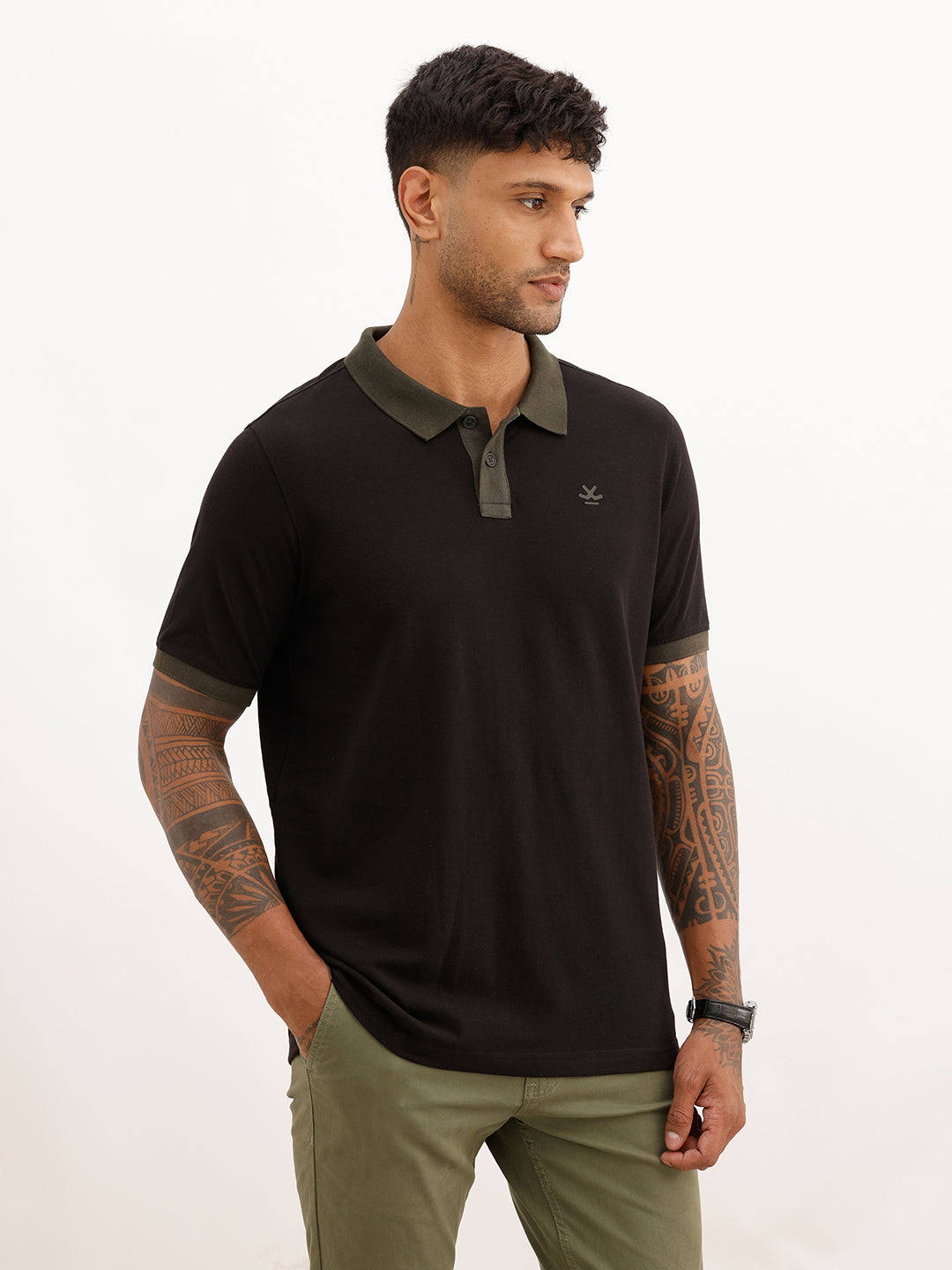 Slim Fit Contrast Sleeve Polo T-Shirt | Black
