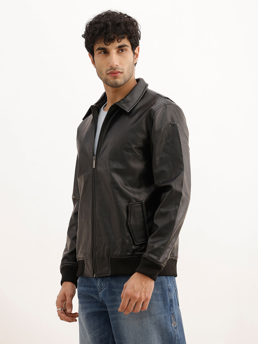 Solid Regular Fit Zipper Jacket | Black