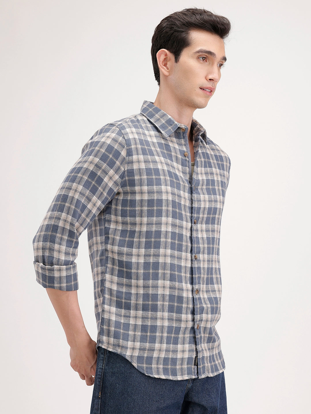 Slim Fit Linen Blend Herringbone Checkered Shirt | Navy