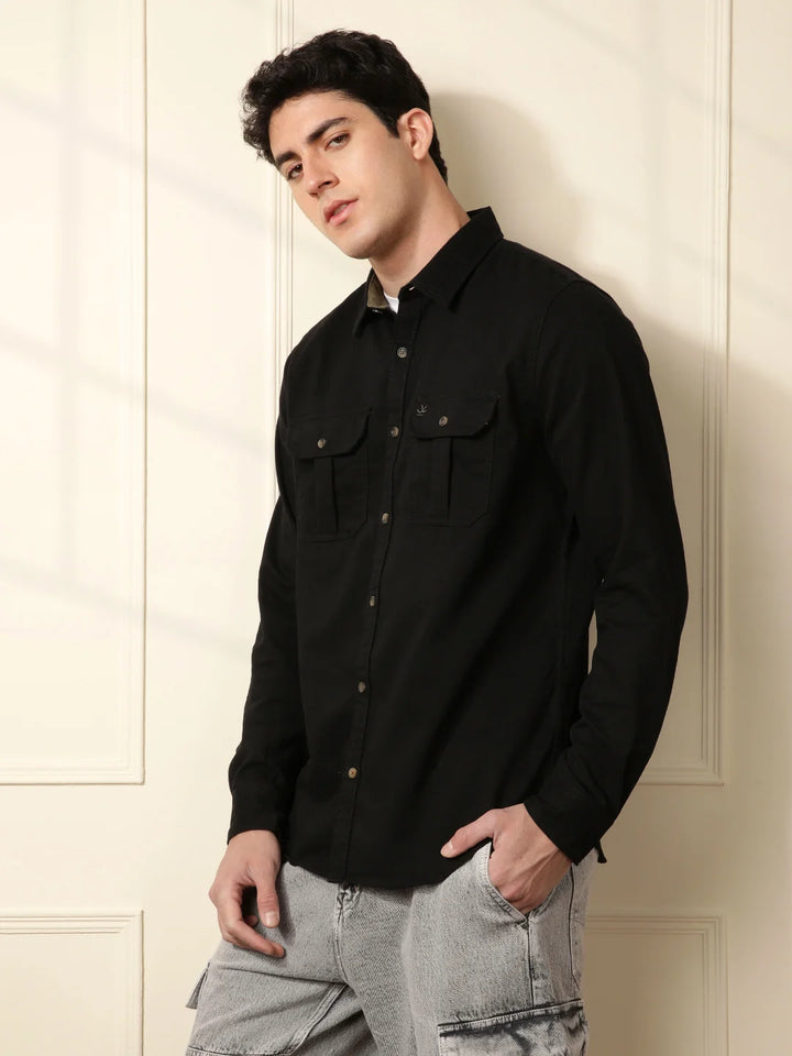 Fine Corduroy Slim Fit Shirt | Black