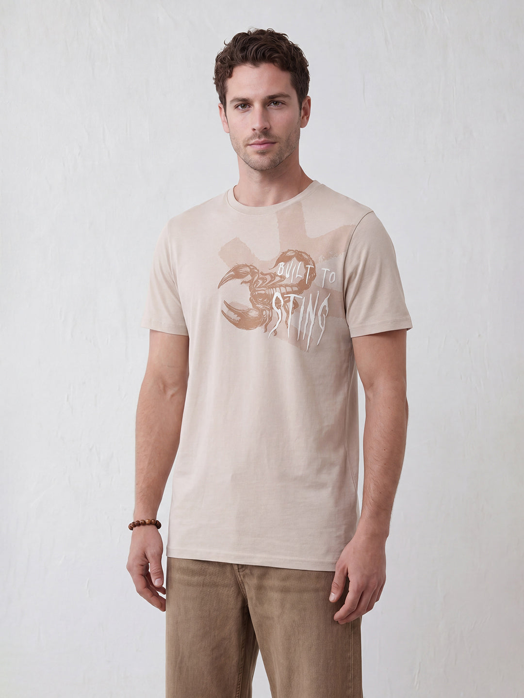 Slim Fit Placement Printed T-Shirt | Beige