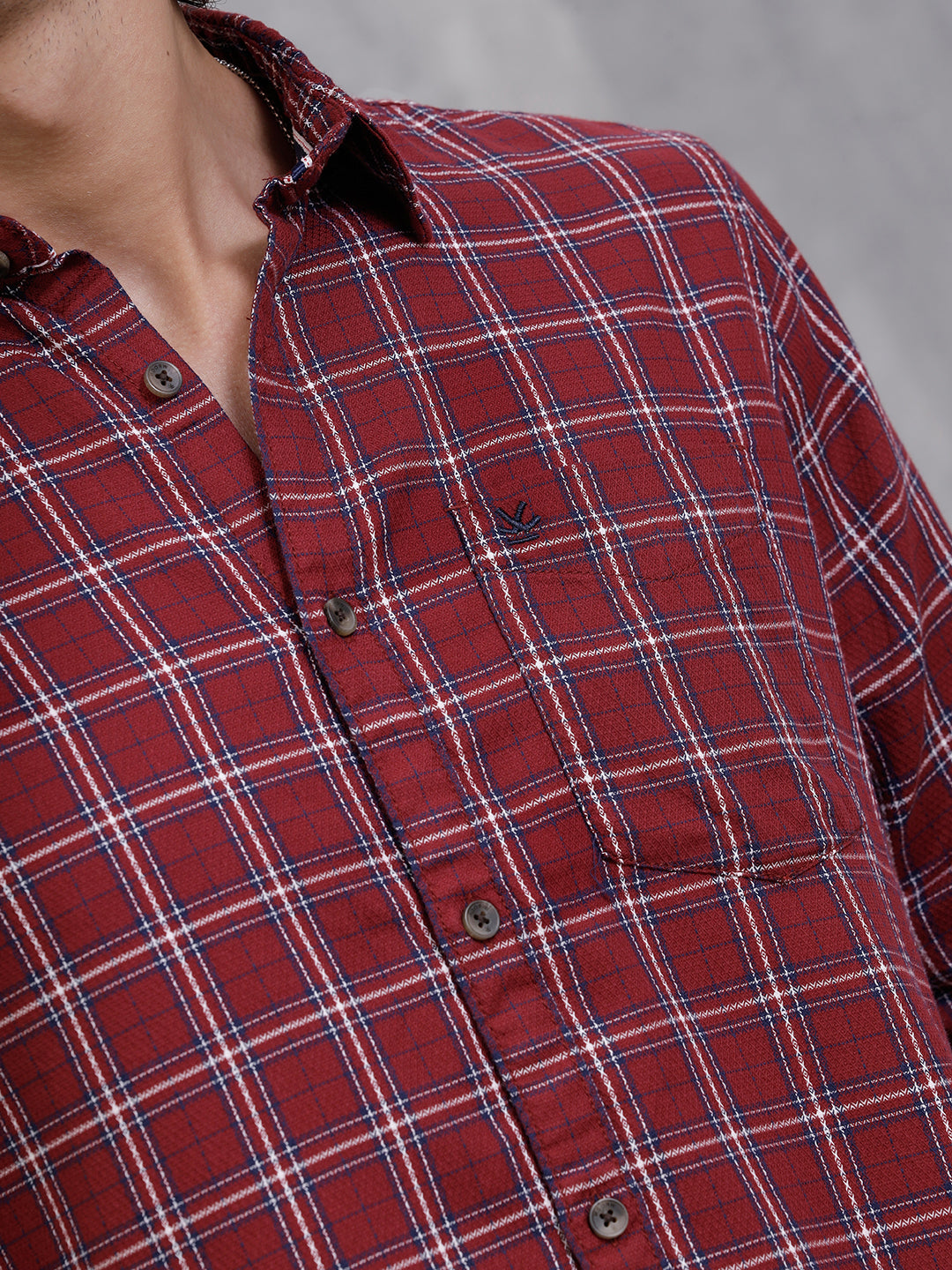 Textured Cotton Dobby Check Shirt | Red
