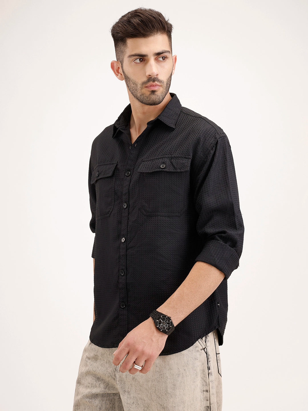 Oversized Fit Double Pocket Textured Shirt | Black