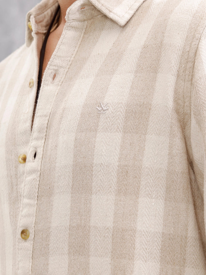 Herringbone Check Shirt In Natural Tones  |  Beige