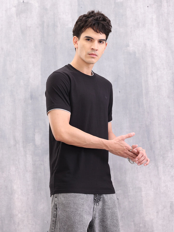 Knitted Structured Men Casual Slim Fit T-shirt | Black