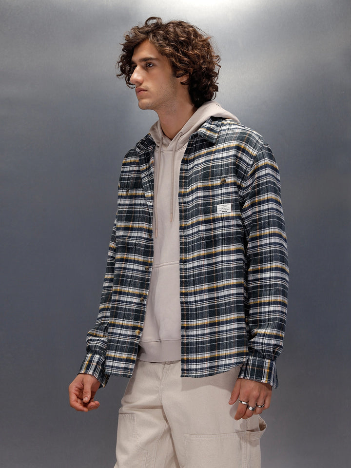 Patch Pocket Comfort Fit Checkered Pattern Shirt With Branding | Blue