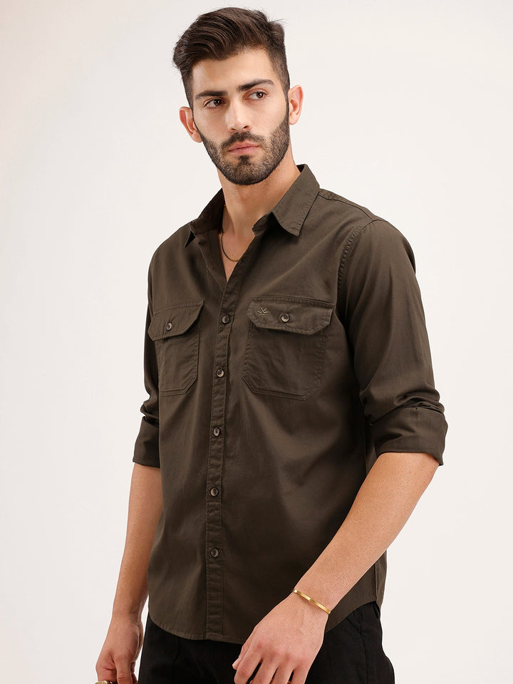 Slim Fit Double Pocket Shirt | Dark Green