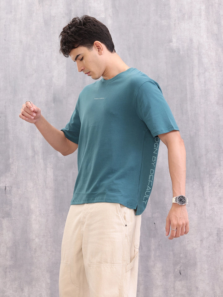 Typo Print Comfort Fit T-Shirt With High-Low Hem | Teal