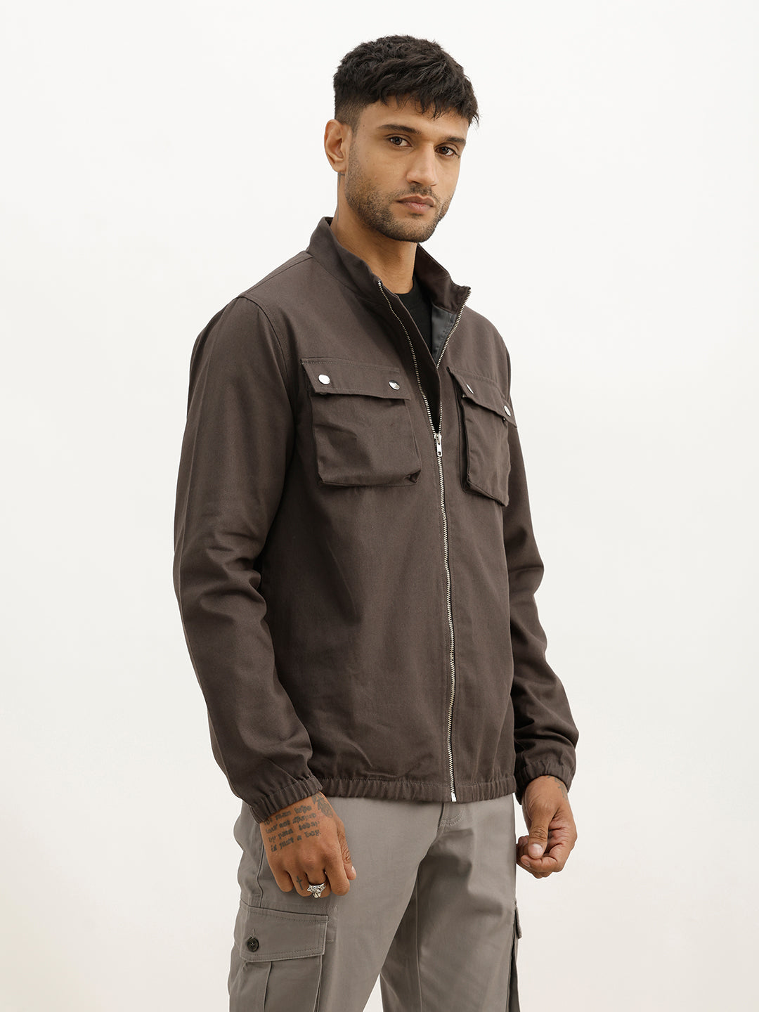 Solid Comfort Fit Double Pocket Jacket | Grey