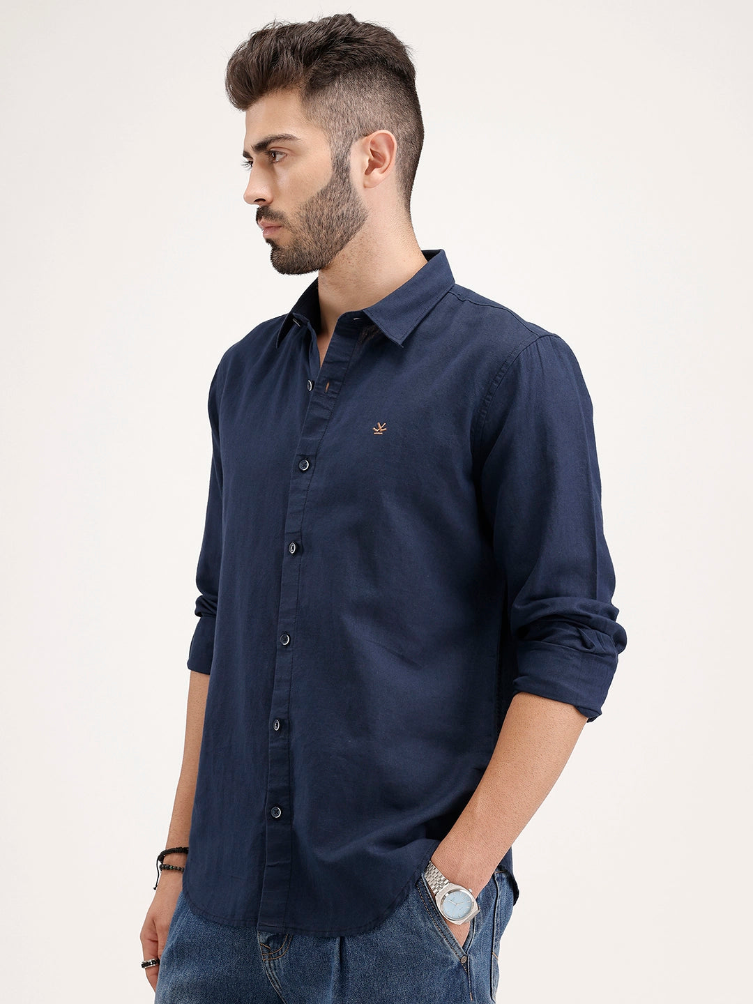 Solid Slim Fit Linen Blend Shirt | Navy